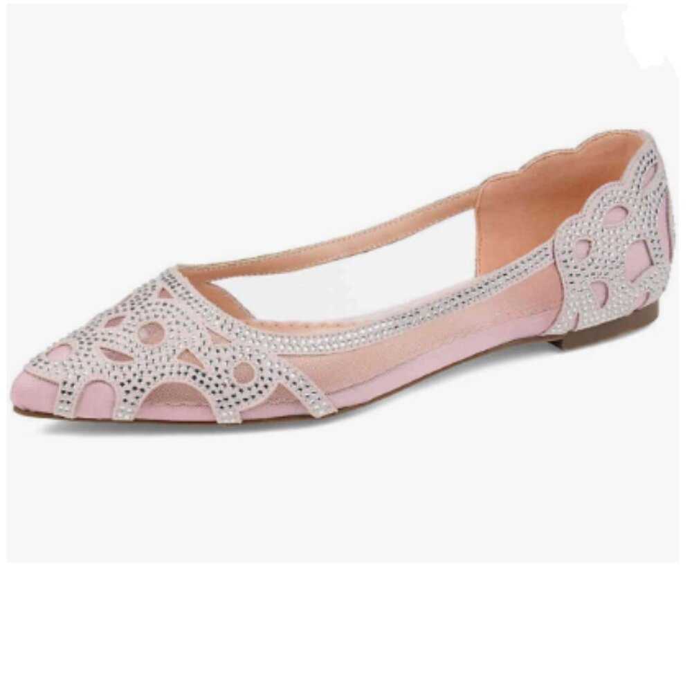 XYD Blush Pointed Toe Rhinestone Flats Mesh Slip-on Crystals Wedding Shoes
